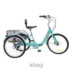 26/24 7-Speed Adult Tricycle 3-Wheel w Basket Heavy Duty 330lbs Cruiser Bike