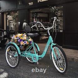 26/24 7-Speed Adult Tricycle 3-Wheel w Basket Heavy Duty 330lbs Cruiser Bike