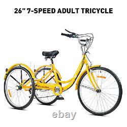 VIRIBUS 26 Trike 7-Speed Adult Tricycle 3-Wheel Bike w Shopping Basket Cruiser